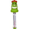 Green thermometer with a cartoon face on a white background