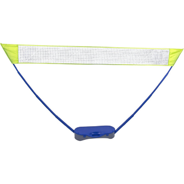 Portable badminton net with blue posts on a white background
