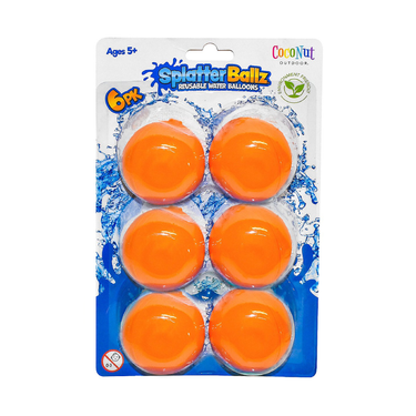 Pack of six orange water balloons with 'Splatter Ballz' branding on a blue and white background.