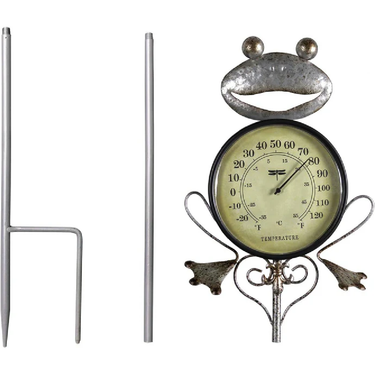 Frog-themed outdoor thermometer with metal stand on a white background