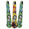 Three colorful ski boards with brand logos on a white background