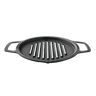 Gray cast iron grill pan with handles on a white background
