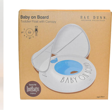 White and Blue Baby Ring float with canopy. Text Baby on Board in box