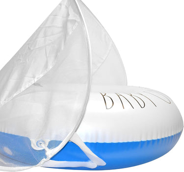 White and Blue Baby Ring float with canopy. Text Baby on Board side view