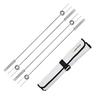 Set of metal roasting sticks with a carrying case on a white background