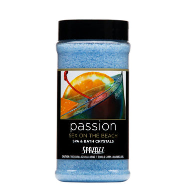 Jar of 'Passion' spa and bath crystals with a black lid on a white background