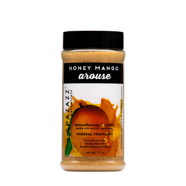 Jar of 'Honey Mango arouse' Spazazz aromatherapy crystals with a black lid on a white background