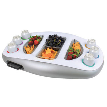  Inflatable floating spa bar filled with snacks and canned drinks