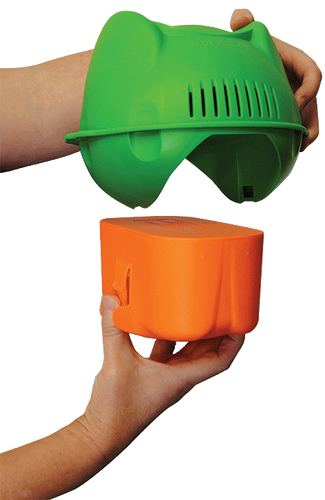 Green and orange plastic container held by a person on a white background