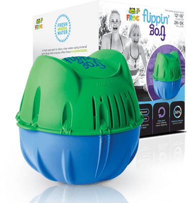 Blue and green plastic ball with a box in the background