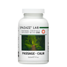 A white bottle displaying black text that says "Spazazz Lab Natural Crystals Infused With CBD: Passage - Calm". There is a image on the bottle depicting a walking path surrounded by lush greenery.
