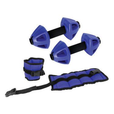 blue and black dumbbells, belt & ankle cuff for fitness exercises