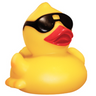 Yellow rubber duck wearing sunglasses on a white background