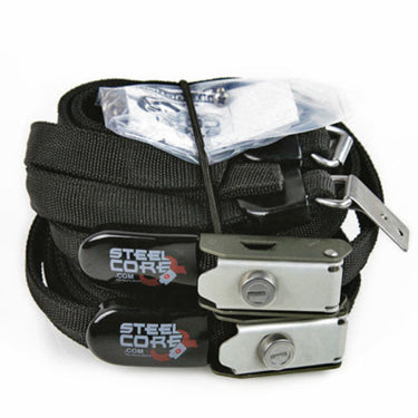 set of 2 black steel core security straps shown outside of the box