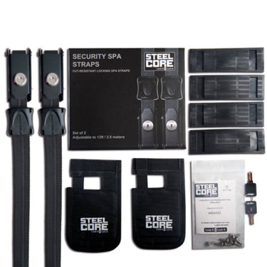 set of 2 black security straps and other components laid out on white background 
