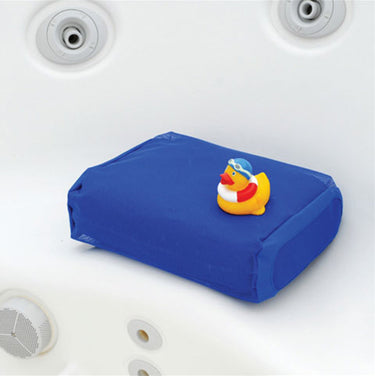Blue water seat to add height in the Spa. shown with rubber duck sitting in seat.
